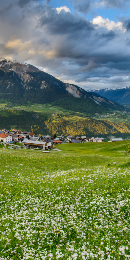 Dorf Stierva mit Blick über Wiesen ins Untere Albulatal © lorenzfischer.photo