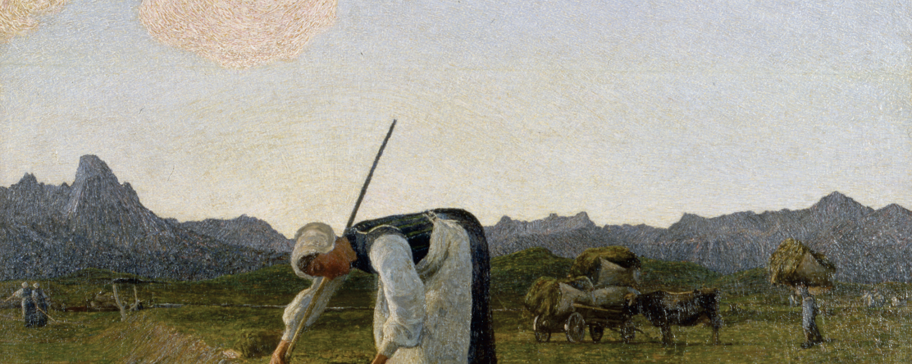 La raccolta del fieno – Die Heuernte, 1888/89 /1898: (137 X 149 cm, Öl auf Leinwand, Segantini Museum St.Moritz, Depositum der Gemeinde St.Moritz).