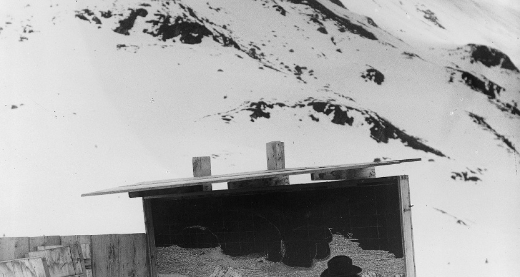 Segantini bei der Arbeit an seinem Werk «Vergehen». Das Bild wird von einer grossen Holzkonstruktion geschützt.