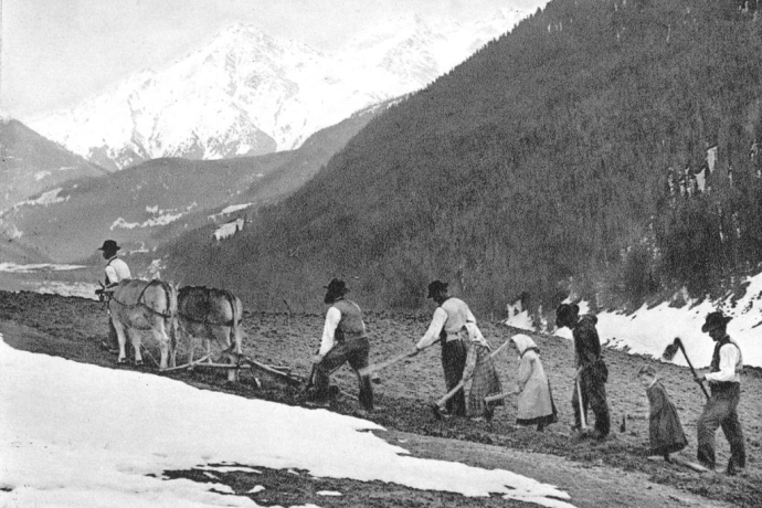 Bündner Bauernfamilie bei der Feldarbeit (Sammlung K. Hager) Bündner Bauernfamilie bei der Feldarbeit (Sammlung K. Hager)
