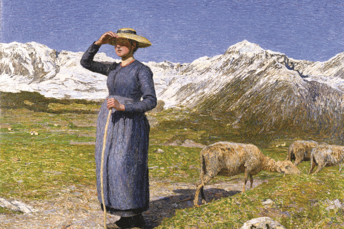 Mezzogiorno sulle Alpi – Mittag in den Alpen, 1891: (77,5 × 71,5 cm, Öl auf Leinwand, Segantini Museum St.Moritz, Depositum der Otto Fischbacher Giovanni Segantini Stiftung). Mezzogiorno sulle Alpi – Mittag in den Alpen, 1891: (77,5 × 71,5 cm, Öl auf Leinwand, Segantini Museum St.Moritz, Depositum der Otto Fischbacher Giovanni Segantini Stiftung).